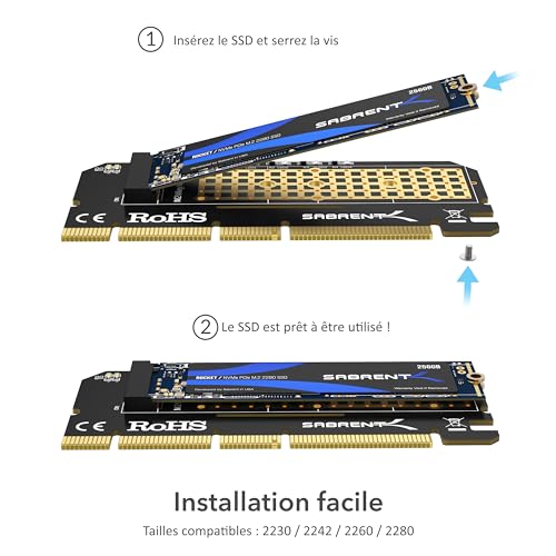 Adaptateur SSD M.2 NVMe SABRENTPCIe avec refroidisseur aluminium, SSD M2 2230 2242 2260 2280compatible, xmax 32Go/s EC-P
