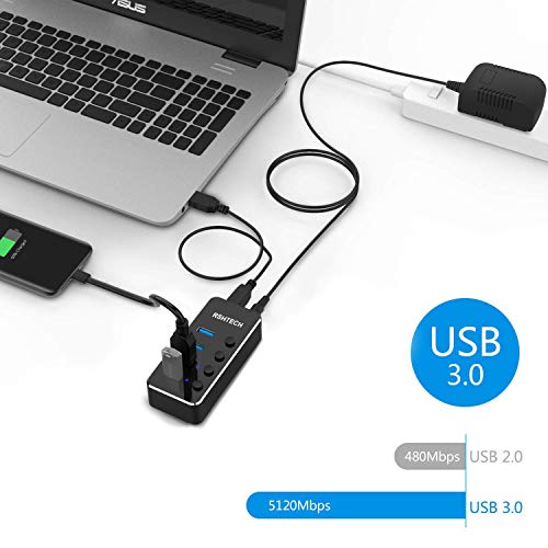 RSHTECH Hub USB Alimenté pour Transfert Données et Multi Port USB Hub avec Indicateur LED