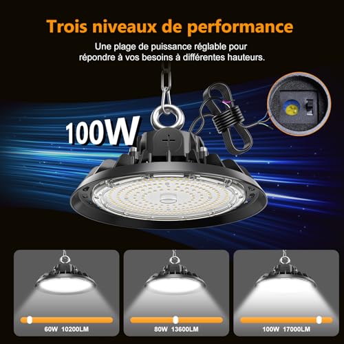 RUISUN UFO 100W LED High Bay Projecteur Éclairage Atelier Supermarché Dimmable IP65 Étanche