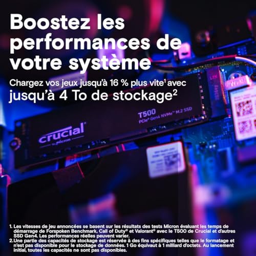 Crucial T500 SSD 1To | Jusqu'à 7300 Mo/s & Microsoft DirectStorage | Compatible PC Portable & Bureau - CT1000T500SSD8
