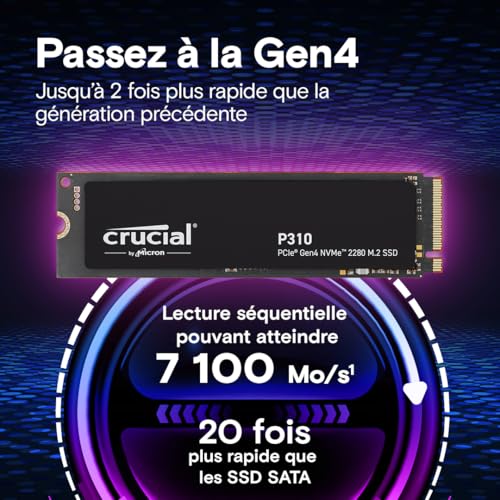 Crucial P310 SSD 1To PCIe Gen4 NVMe M.2 2280, Jusqu’à 7,100 Mo/s, Compatible avec Portables, Ordinateurs Bureau & Consol