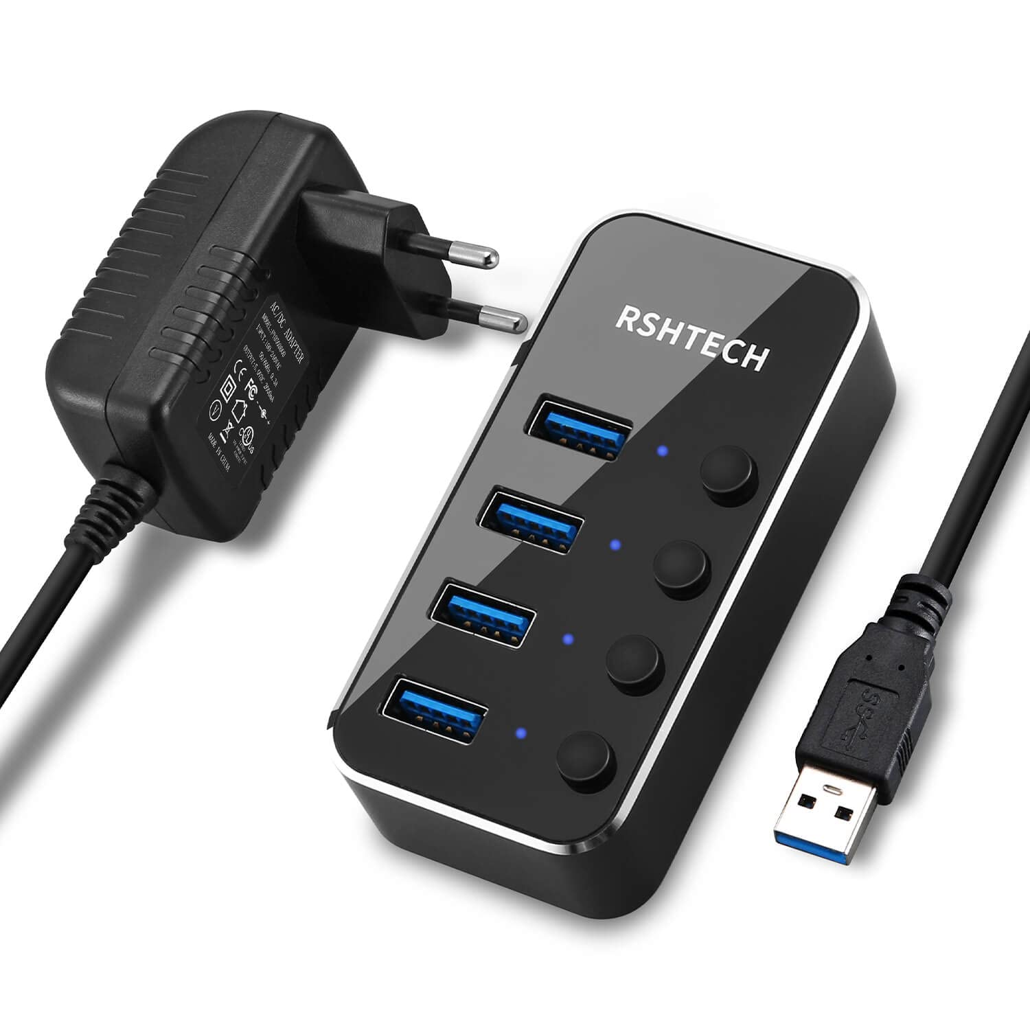 RSHTECH Hub USB Alimenté pour Transfert Données et Multi Port USB Hub avec Indicateur LED